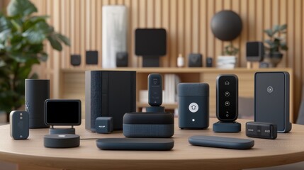 A collection of modern smart devices arranged on a table in a stylish interior setting.