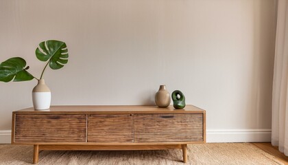 Minimalist concept of living room interior at elegant apartment with wooden commode, leaf in ceramic vase and elegant personal accessories in modern home decor. Copy space. Template. .