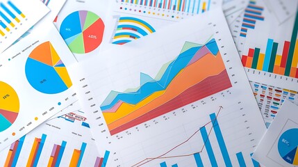 Collection of colorful charts and graphs with financial data and trends for illustrating business analysis market insights economic performance and strategic planning concept.