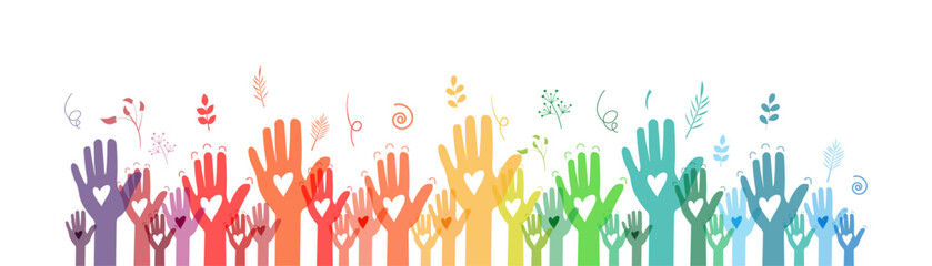 Raised hands. Volunteering, teamwork concert.