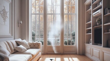 Bright and Cozy Living Room with Elegant Design and Autumn View Shining Through Large Windows