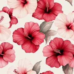 Pastel color tone, watercolor hibiscus flowers in soft pinks and reds, minimal leaves, floating on a light background, seamless design