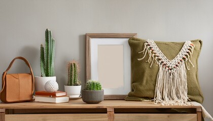 Stylish composition of living room interior with mock up frame, wooden bench, pillow, plaid, woman bag, books, cacti, macrame, plant, decortaion and elegant personal accessories in modern home decor.