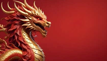 A golden dragon with intricate scales and flowing mane against a vibrant red background