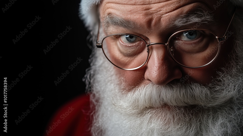 Wall mural santa claus with glasses and a white beard, looking at the camera against a black background.