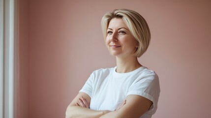 Fototapeta premium Captivating Portrait of a Confident Woman in Soft Light Against a Pink Background
