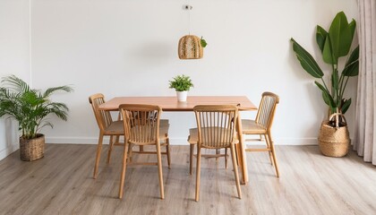 Vintage interior design of kitchen space with small table against white wall with simple chairs and plant decorations. Minimalistic concept of kitchen space.