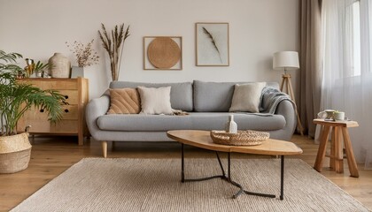 Stylish scandinavian interior of living room with design grey sofa, retro wooden table, mock up poster frame, decoration , carpet and personal accessories in elegant home decor.