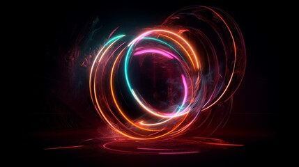 Obraz premium Abstract background with glowing neon circles rotating and creating fire smoke effect