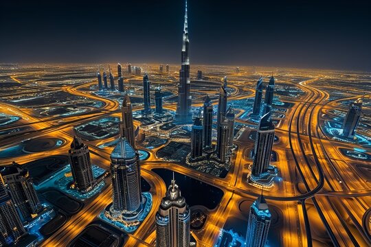 Dubai skyline at sunset with traffic - aerial view, United Arab Emirates