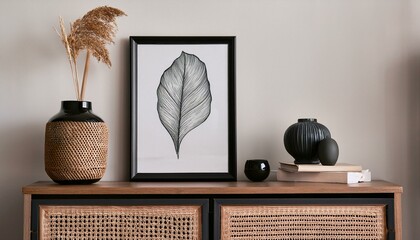 Modern scandinavian living room interior with black mock up poster frame, design commode, dried flower in vase, black rattan basket, books and elegant accessories. Template.