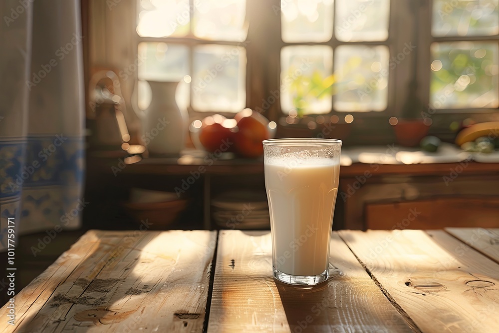 Poster a glass filled with fresh milk sits on a rustic wooden table, illuminated by warm sunlight filtering