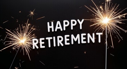 happy retirement lettering sparkler sparks on plain black background