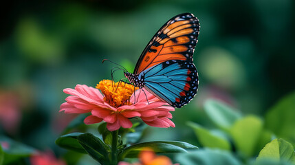 Naklejka premium Close-up of a butterfly resting on a vibrant flower, soft blurred green background with plenty of room for copy space.