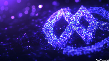 A modern, glowing "Aquarius" symbol on a dark purple background. It's designed with lots of tiny triangles, creating a futuristic look.low poly wireframe.