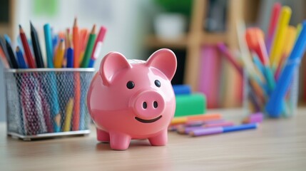 Pink piggy bank on a desk with school supplies, representing intuition savings for educational success.