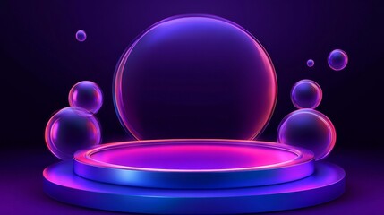 Obraz premium A vibrant, futuristic display featuring glowing spheres and a circular platform, ideal for presentations or events.