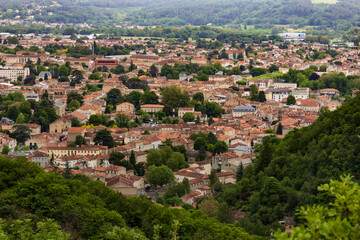 Panoramic view of the city of Mazamet from the village of Hautpoul. Tarn. Occitanie. France.