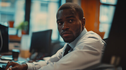 Obraz premium A man in a blue shirt and tie is sitting at a desk with a computer