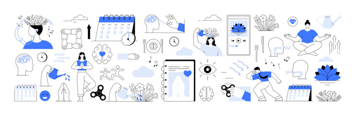 Mindfulness stress, management emotional wellness. Mental health management through activities exercise, meditation, therapy. Ideal for well-being, self-care, relaxation, mindfulness, health education