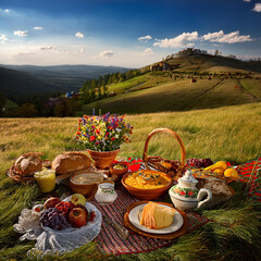 Fototapeta premium Traditional Romanian Easter Picnic Celebration Outdoors
