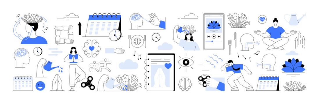 Mindfulness stress, management emotional wellness. Mental health management through activities exercise, meditation, therapy. Ideal for well-being, self-care, relaxation, mindfulness, health education