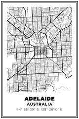 Black and white printable Street map art Adelaide city, Australia. Travel poster with coordinates, poster design, Modern Poster Wall Art Home Decor Ready to Printable