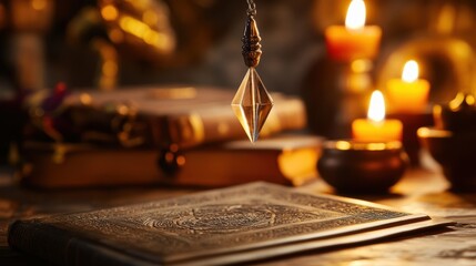 crystal pendulum swinging , altar with an ancient book and lit candles, , emphasizing the connection to the mystical