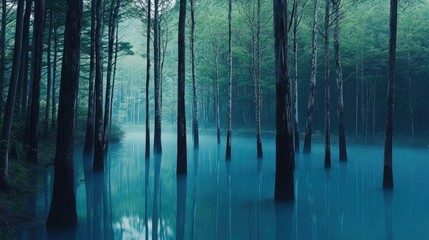 Obraz premium Peaceful Blue Pond in Hokkaido, the unique blue water reflecting the tall, thin tree trunks standing within the pond, set against a lush forest.