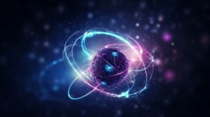 Abstract atom structure with glowing particles is orbiting around core