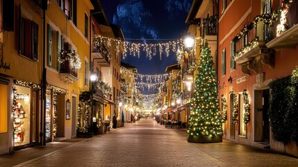 Fototapeta premium Riva del Garda by night, the town center and streets beautifully decorated with vibrant Christmas lights, creating a festive holiday atmosphere.