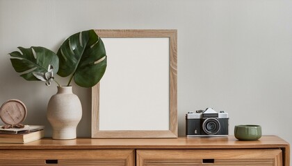 Stylish interior of living room with mock up poster frame, wooden commode, book, leaf in ceramic vase, photo camera and elegant personal accessories. Minimalist concept of home decor. Template.