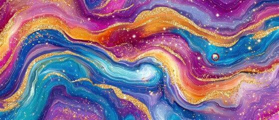 Colorful abstract cosmic waves with vibrant hues and shimmering stars.