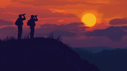 Silhouetted soldiers on a hill, one holding binoculars, sunset in the distance creating a vivid contrast.