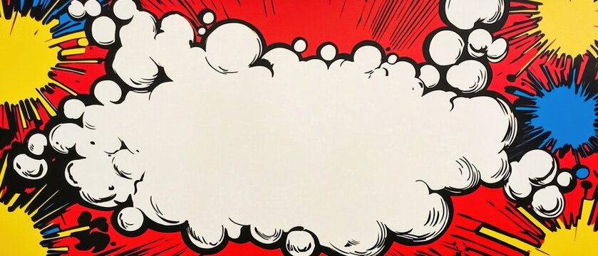 Colorful comic style speech bubble with dynamic bursts on a vibrant background.
