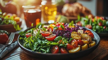 A vibrant salad platter with fresh vegetables and drinks on a wooden table.