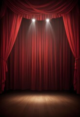 Red curtains on a stage with spotlights shining through, creating a dramatic and theatrical atmosphere