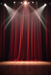 Red curtains on a stage with spotlights shining through, creating a dramatic and theatrical atmosphere