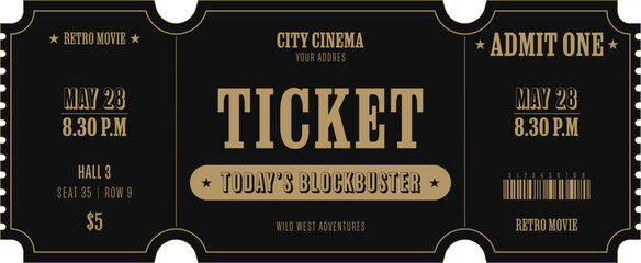 Universal vintage ticket template in golden on a black background. For cinemas, parties, clubs, concerts and other retro events. Vector, printable. Just add your text.	