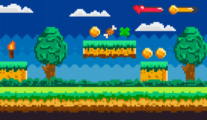 Pixelated video game scene with trees, floating platforms, coins, a torch, and a heart and sword indicator. Ideal for nature themes, adventure, retro gaming, pixel art, and video game design. Classic