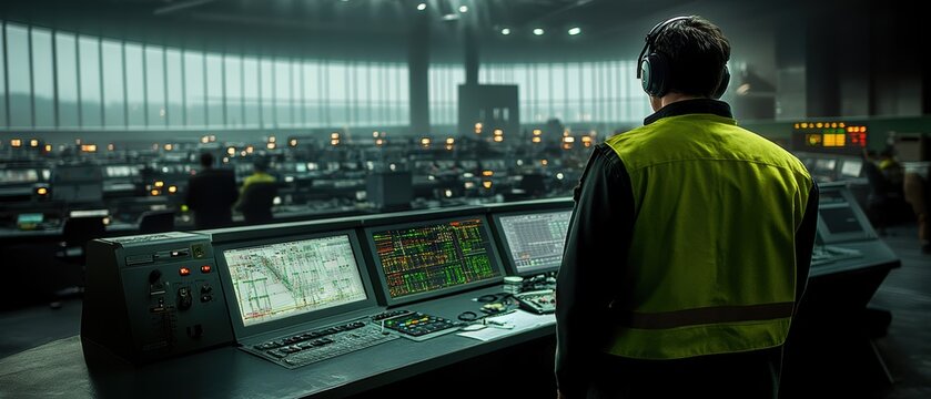 Control room operator monitoring high-tech equipment in a large industrial facility.