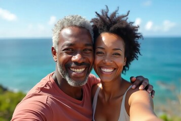 Joyful middle-aged Black couple taking a selfie outdoors with a scenic ocean view in the background