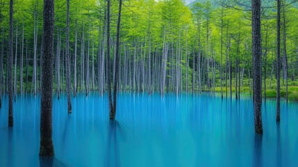 Scenic landscape of Hokkaidoaes Blue Pond, its famous blue waters surrounded by bare tree trunks and a lush green forest under a bright sky.