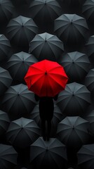 A person is standing in front of a row of umbrellas, with one umbrella being red