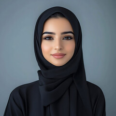 Naklejka premium A minimalistic young arabic woman with hijab portrait professional profile picture with soft color background.