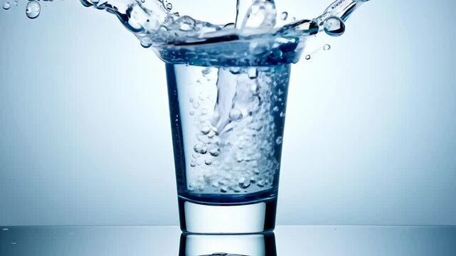 splash of crystal clear water in a glass, representing purity, freshness, and the benefits of clean, filtered water