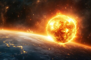 Obraz premium Dark Cosmic Background: Earth Under Solar Siege