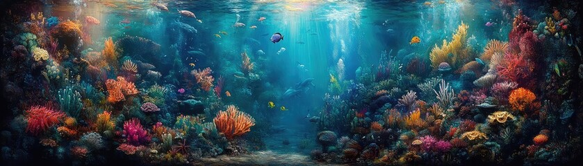 A breathtaking panoramic view of a fantasy world with underwater realms, vibrant colors, surreal creatures