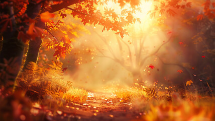 Art autumn sunny nature background with warm, golden sunlight filtering through colorful fall foliage.