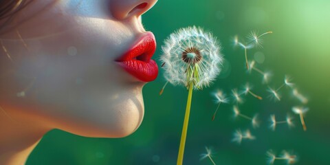 Woman Gently Blowing Dandelion Seeds Close Up